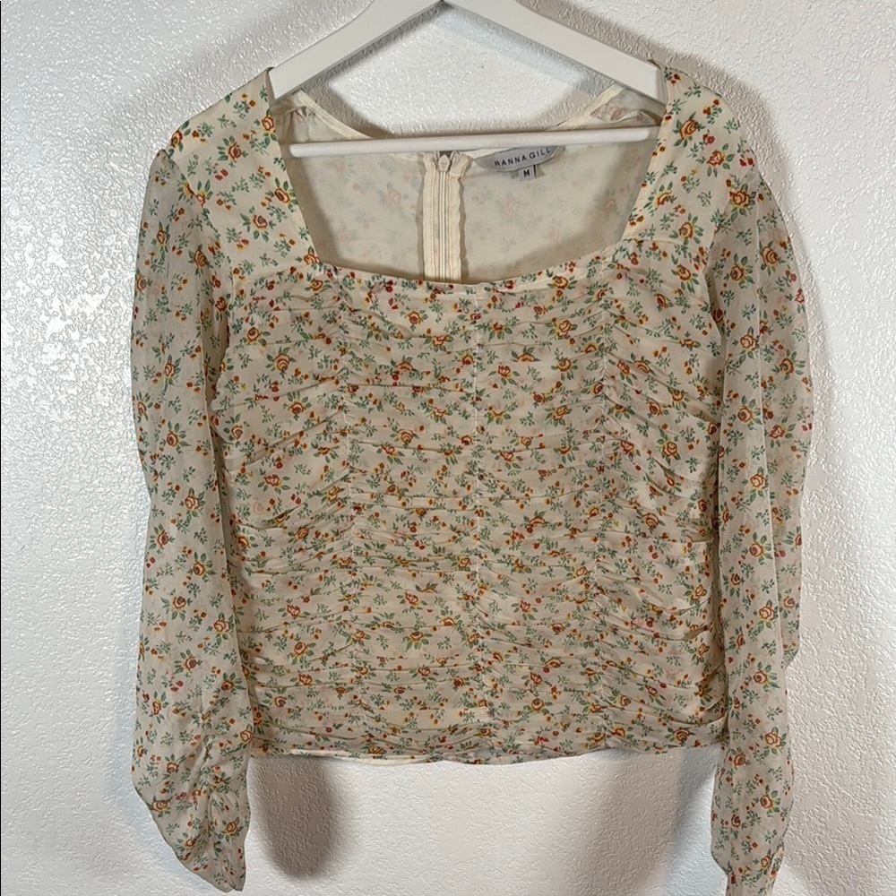 Ranna Gill Floral Ruched Square Neck Blouse Sheer Sleeves Size Medium